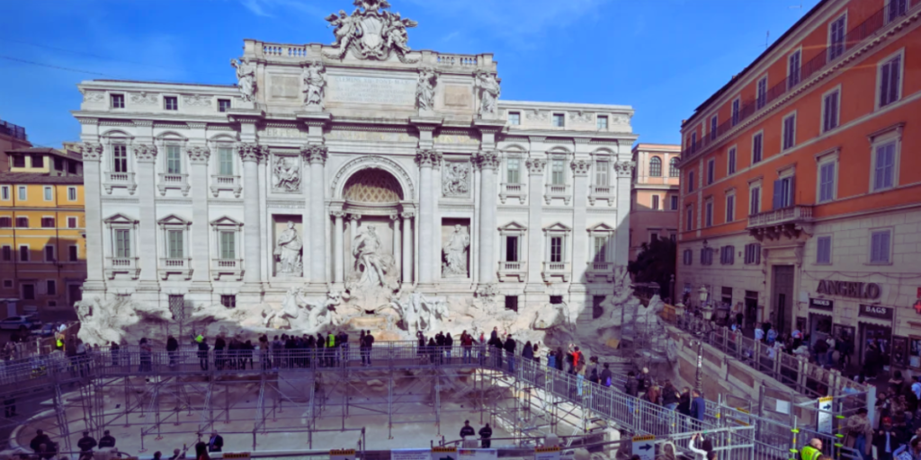 Tourists in Rome Enjoy Aerial Views of Trevi Fountain Amid Restoration Efforts-2024